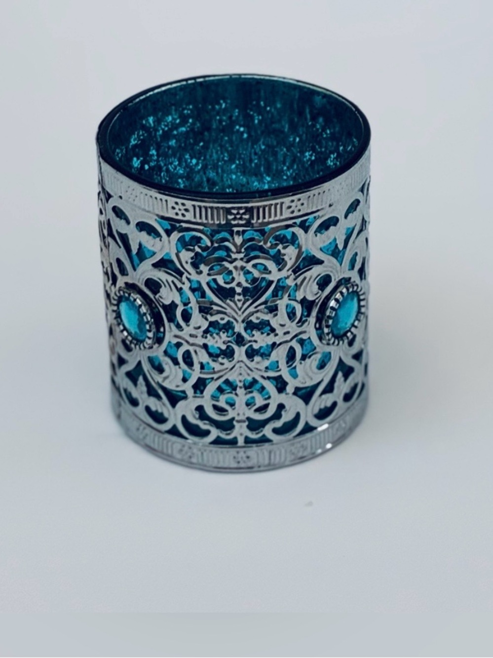 The Bombay Co Small Jeweled Votive Candle Holder Glass Silver Tone Blue 3”